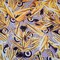 Purple-Yellow-Multi Abstract Whirl Leaf Pattern Printed Linen Woven Fabric By the Yard